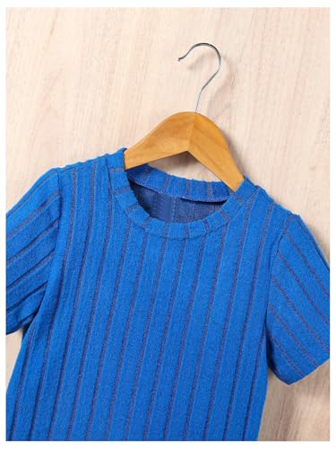 Image of SHENHE Boy's 2 Piece Ribbed Outfits Crew Neck Short Sleeve Tee Top and Track Shorts Set Royal Blue 5Y