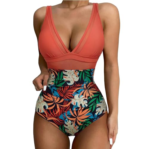 riou Bañadores para Mujer Una Pieza 2024 Bañador Rayas Vintage con Cuello en V Correas Bikini Cintura Alta Cross Back Elegante Verano Bañadores Ropa de Playa Deportivo Swimsuit Beachwear