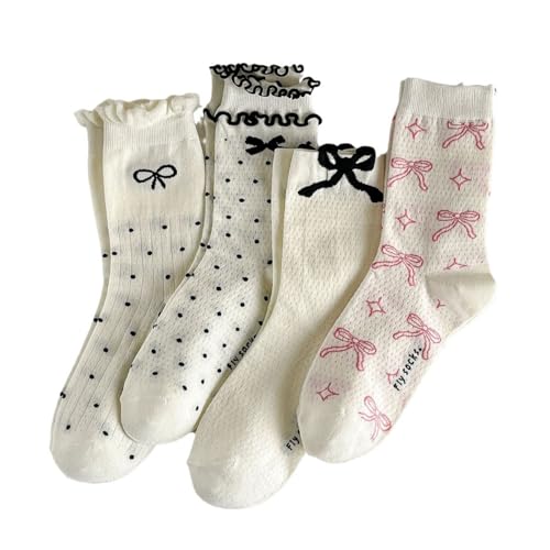 Image of Starella Women's Cute Bow Ruffle Frilly Socks Lace Polka Dot Casual Crew Sock for Flats 4 Pairs