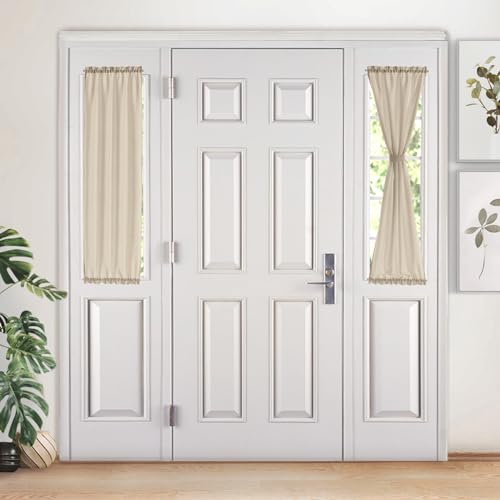 Melodieux Tan Semi Sheer Sidelight Curtains for French Door 40 Inches Long, Linen Look Light Filtering Front Door Window Curtains with Tiebacks, 25 by 40 Inch, 2 Panels