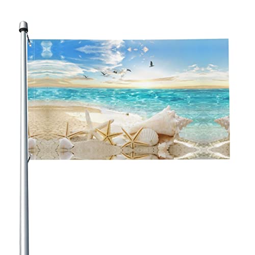 Flagge 3×5 ft,Strand Mit Seestern,Flag mit Wetterschutz und UV-Schutz,Garten Fahnen für Garten Terrasse Hof im Freien Flagge 150×90 cm Cover