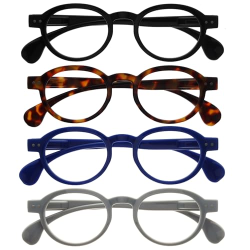 OPULIZE OCA Gafas de Lectura - Pack de 4 - Montura Moderna Retro Redonda - Negro, Marrón, Azul, Gris - Hombre Mujer - Bisagras de Muelle - RRRR54-1237 - +1.50