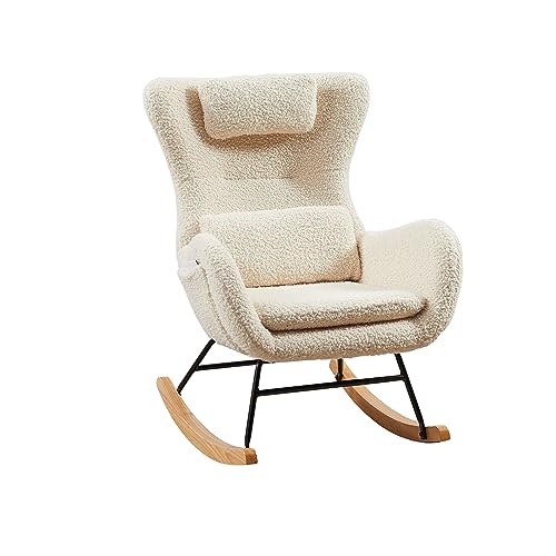 Plococo Fauteuil à Bascule Allaitement Scandinave Chaise Loisir et Repos en Tissu avec Pieds en Bois Métal pour Salon, Chambre, Nurserie Beige