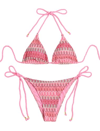 Image of ZAFUL 2 Piece Triangle Bikini for Women Knitted Rope Halter Bikini Sets Sexy Bathing Suit Side Tie Swimsuits Beachwear