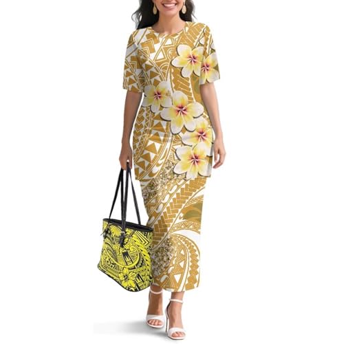 Image of Polynesian Dress for Women Short Sleeve High Waist Maxi Skirt | Puletasi dress, t-shirt and skirt two-piece, elastic material, lightweight, soft, plus size, luau party, wedding, clubwear