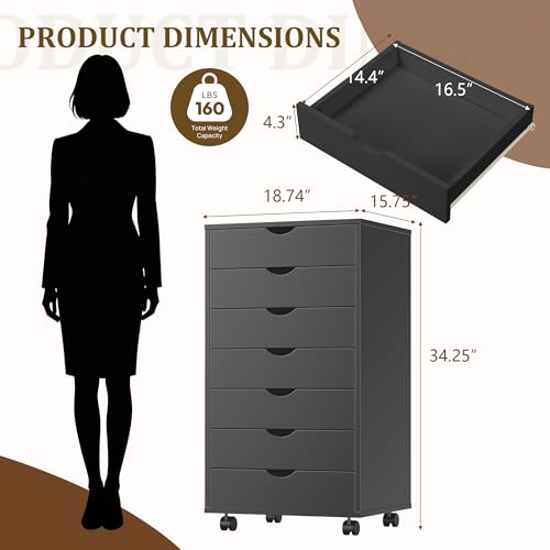 Image of 7 Drawer Mobile File Cabinet Under Desk Storage Organization with Wheels Vertical Filing Chest Rolling Wood Small Desk Printer Stand for Home, Black
