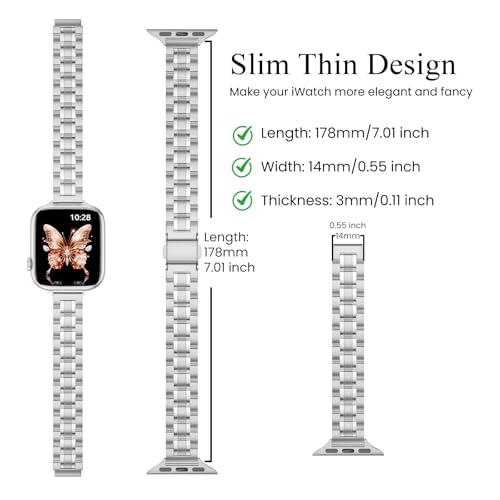 Image of STIROLL Thin Replacement Band Compatible for Apple Watch 49mm 46mm 45mm 44mm 42mm(Series 3 2 1), Stainless Steel Metal Wristband Women Men for iWatch Ultra SE Series 11 10 9 8 7 6 5 4, Silver