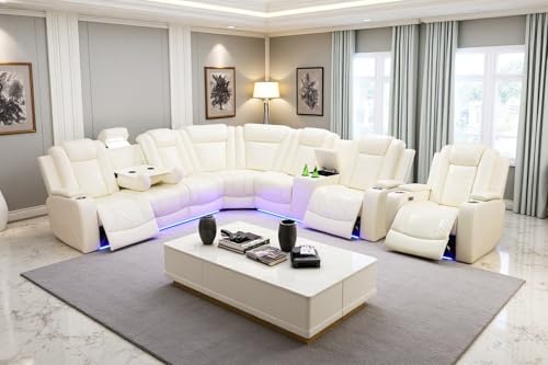 Image of Leather Power Recliner Sectional Sofa Set with LED Lights, L Shaped Reclining Sectional Couch and Chair, Breathing Leather Sofa Set with Coffee Table /USB Port for Living Room