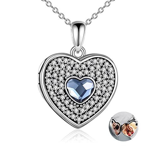 Sterling Silber Herz Medaillon für Frauen die Bilder hält Liebe Herz Foto Medaillon Halskette Memory Anhänger mit blauem Kristall aus Österreich Geburtstagsgeschenke für Frauen Freundin Frau Mutter