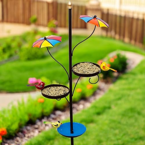 Image of Kraftskala Outdoor Bird Feeder with Water Bowl & Two Seed Trays, Rust-Resistant 2-Part Metal Pole - Perfect Garden or Backyard Decor for Bird Watching and Feeding