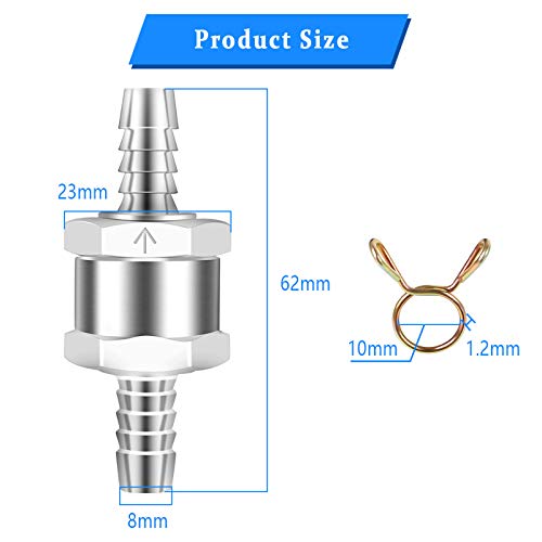 8mm One Way Aluminium Fuel Valve 2 PCS Non Return Fuel Check Valve With 4 PCS Fuel Hose Spring Clamps For Petrol Diesel Oil Water Chrome Car Auto Carburettor Low Pressure Systems