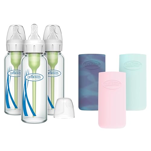 Image of Dr. Brown's Natural Flow Anti-Colic Options+ Narrow Glass Baby Bottle, 8 oz/250 mL, with Silicone Bottle Sleeve, 3 Pack, Glow/Pink/Mint