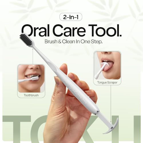 Image of Tokii Tongue Scraper & Tongue Cleaner for Adults, 2-in-1 Toothbrush with Sliding Tongue Scraper, Charcoal Ultra Soft Bristles, Ayurvedic-Inspired, Includes Travel Toothbrush, Stand & Waterproof Pouch