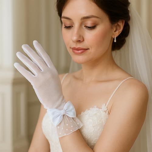 Bow Lace Tea Party Gloves for Women, Formal Short Tea Party Gloves, Elegant Polka Dots White Wedding Glove Formal Uniform Accessories for Bridal Wedding Evening2