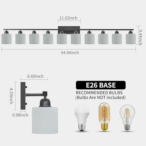 Image of 10 Light Black Vanity Lights for Giant Mirror, Bathroom Vanity Lights Over Mirror with Milky White Frosted Glass Shades,65 inch Bathroom Light Fixture for Mirrors, E26