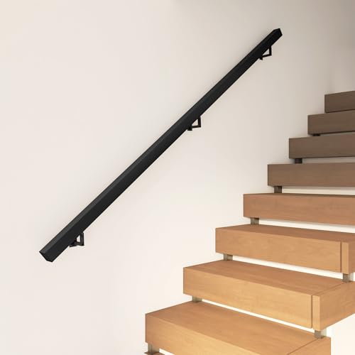 JUBEST Modern Handrail – 7FT Staircase Handrails with Adjustable Wall Mount Brackets, Powder Coated Finish, Heavy-Duty Handrails for Indoor & Outdoor Use, Black
