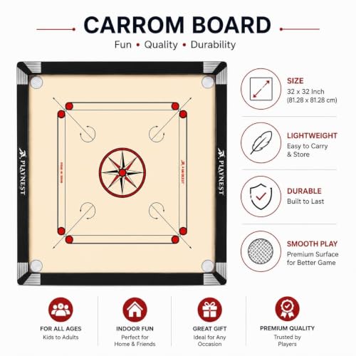 Image of Premium Wooden Carrom Board for Family Fun Indoor Game Smooth Playing Surface Durable Construction Easy Coin Glide Board Game for Kids & Adults (30 INCH)
