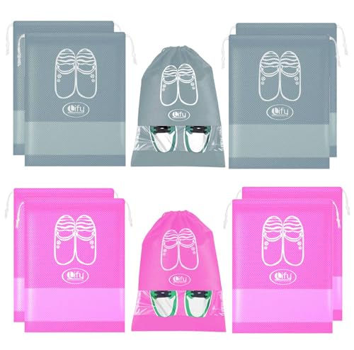 Lify Travel Shoe Organizer Bags for Boots, High Heel, Drawstring, Transparent Window, Space Saving Storage Bags 10 Pcs Pack (Light Grey 5Pcs + Pink 5Pcs, 16 X 12'' Inches)