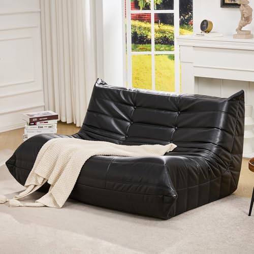 Image of Hobestluk Bean Bag Chair Giant Bean Bag Sofa 2 Seater Bean Bag Chairs for Adults, Loveseat Floor Chair, Leather Bean Bag Chairs for Living Room Bedroom Dorm (Black, Loveseat)