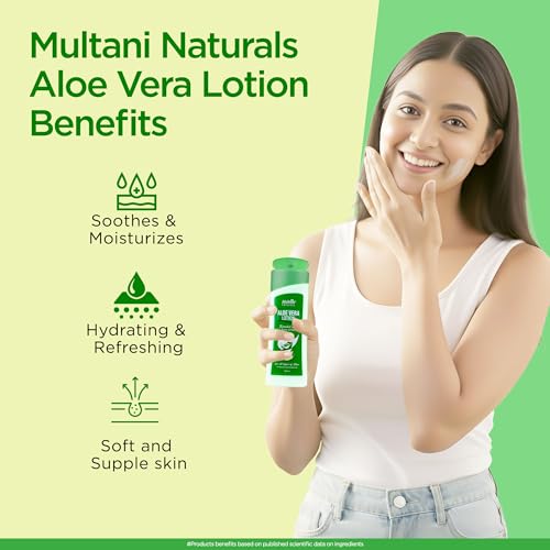 Image of Multani Naturals Aloevera Lotion 100 ML | Enriched with Goodness of Aloevera & Shea Butter | Soothe, Hydrate & Freshen Dry Skin | Suitable for Summer | Lightweight, NonSticky & Non-Greasy formula | For both men and women