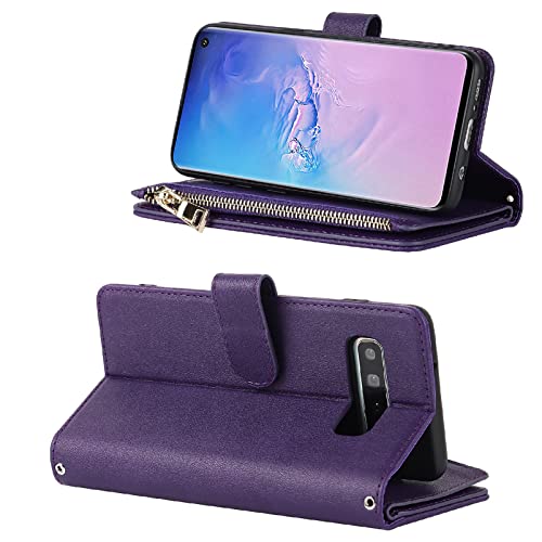 Jaorty Samsung Galaxy S10 Wallet Case,[9 Card Slots] Removable Adjustable Crossbody Necklace Lanyard Shoulder Strap Zipper Magnetic Leather Case For Samsung Galaxy S10,6.1 Inch Purple #TOP2