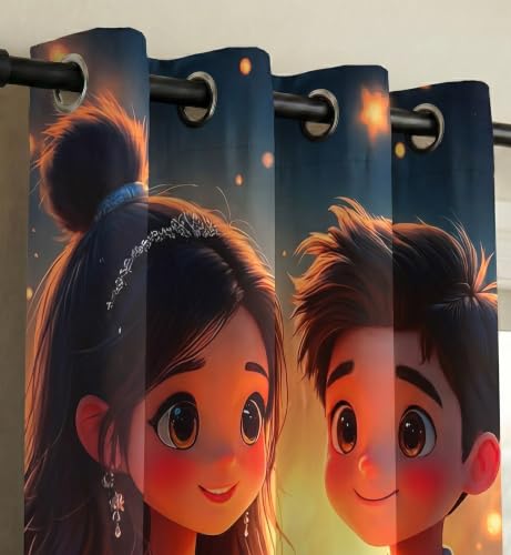 Image of Home Sizzler 7D Cartoon Couple Night Sky Eyelet Polyester Room Darkening Door Curtains - 7 Feet (Pack of 1)