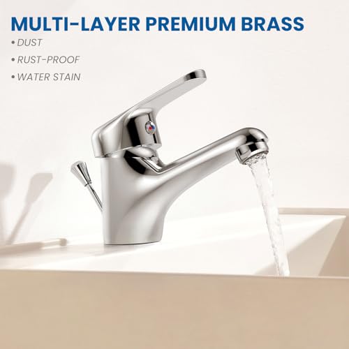 Auralum Wasserhahn Bad mit Zugstange, Einhebel-Waschtischarmatur mit Ablaufgarnitur, Chrom Einhandmischer Waschbecken Armatur Badarmatur Mischbatterie Waschtischmischer für Badezimmer