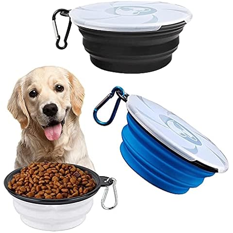 TIANTOU Foldable Dog Bowl [Set of 3], Portable Feeding Bowl with Carabiner, Silicone Travel Bowl with Clear Lid for Hiking Camping (450ml Black, White & Blue) Cover