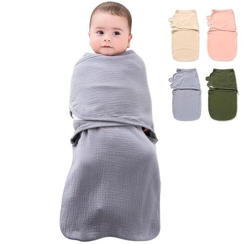 HINATAA Emmaillotage bébé en Coton Gaze, Baby Sacs de Couchage Nouveau-né, 3 en 1 couvertures d'emmaillotage bébé, Grand Scratch Gigoteuse Naissance, Swaddle Bebe Garçons Filles (Gris, 3-6 Mois)