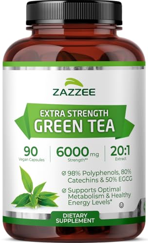 Zazzee Extra Strength Green Tea 20:1 Extract, 6000 mg Strength, 50% EGCG, 98% Polyphenols and 80% Catcehins, 90 Vegan Capsules, 3 Month Supply, Standardized and Concentrated 20X Potency, Non-GMO
