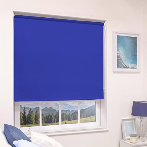 Electric Blue Blackout Roller Blind Metal Fittings Trimmable UV Protection Thermal Properties Premium Fabric Home Office Bedroom Kids Room Child Safe Easy Fit Blue 60cm Width x 160cm Drop - Image 2