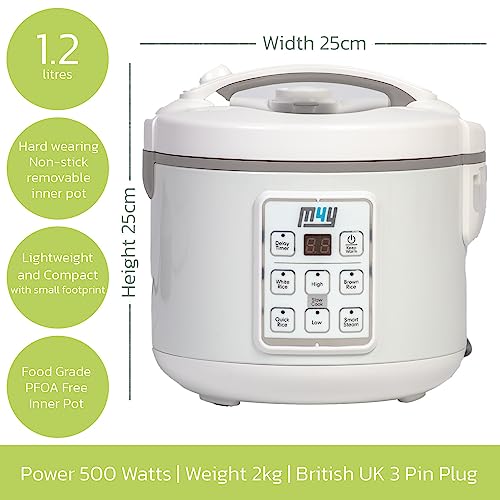 M4Y Rice Cooker, Slow Cooker and Food Steamer For 1-6 People – 1.2 Litre - Keep Warm Function, Delay Timer, Premium Inner Pot, Spatula & Measuring Cup, Perfect Rice Every time– Quick & Easy - Image 4