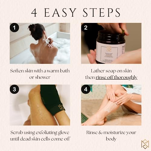 Ms Moroccan Black Soap And Exfoliating Glove Kit For Body Scrub - Dead Skin Remover And Deep Pore Cleanser - Incl. 1 Moroccan Black Soap (Olive Based), 1 Exfoliating Glove (Kessa Mitt) And 1 Toiletry Bag - By Moroccansource #TOP4