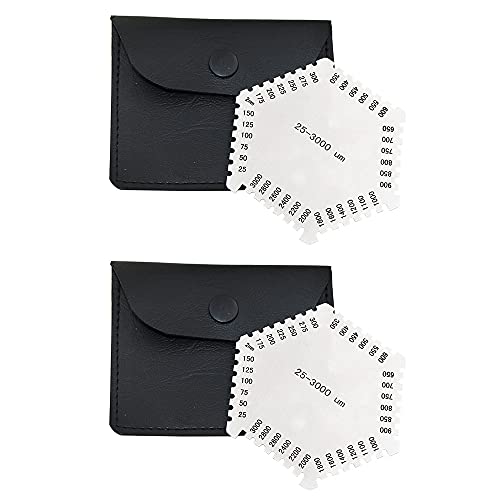 2 Pcs Stainless Steel Hexagonal Wet Film Comb 25-3000um Thickness Gauge with Clear Numbers and Letters for Paint Varnish Thickness Measurement (PU leather packaging)