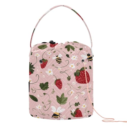 Image of ElliTarr Crochet Bag Yarn Bag with Handle Portable Knitting Project Bag Travel Yarn Storage Organizer Holder Case Bees Flowers Strawberries Pink