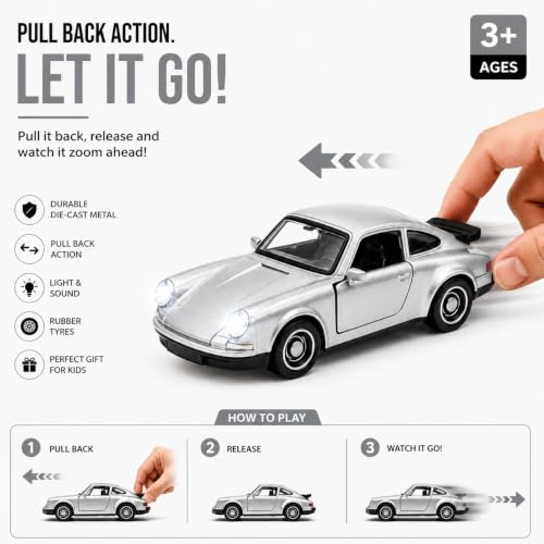 Image of 1:36 Scale 911 Die-Cast Alloy Toy Car - Pull-Back Metal Sports Car with Openable Doors, LED Lights & Sound - Collectible Model for Kids, Boys & Enthusiasts (Silver)
