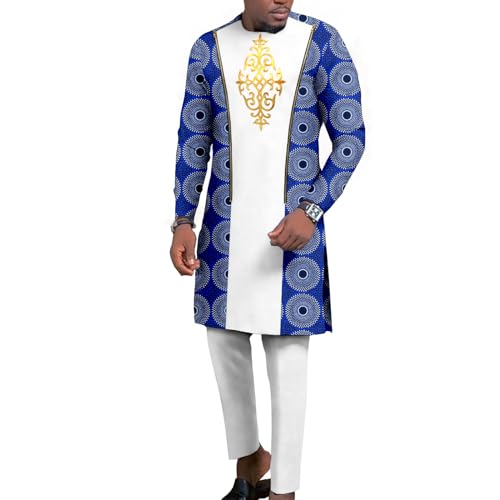 African Traditional Clothing for Men Embroidery Dashiki Print Zip Blazer and Trousers 2 Piece Suit