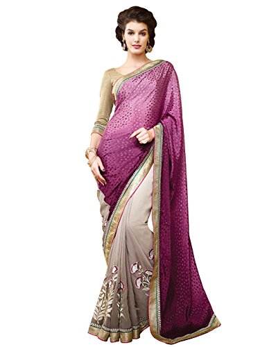 Shonaya Purple Georgette Embroidered saree & Unstitched Blouse Piece,Free Size