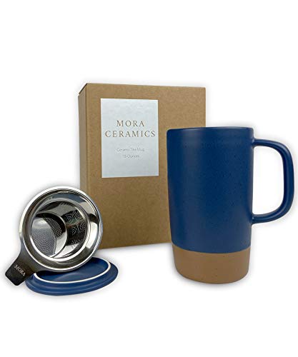 Mora Ceramics Large Tea Mug with Loose Leaf Infuser and Ceramic Lid, 18 oz, Portable, Microwave and Dishwasher Safe, Tall Coffee Cup - Rustic Matte Ceramic Glaze, Modern Herbal Tea Strainer, Deep Blue