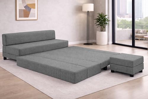 Image of Rosebell 3+2 Convertible Leg Sofa Cum Bed Set with Ottoman Foldable Modular Seating & Sleeper ? Space Saving Living Room Furniture Jute Fabric-Grey