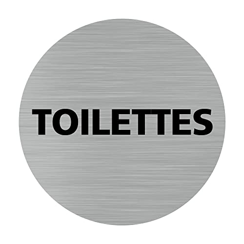Signalétique.biz France - Plaque de porte Toilettes (Q0197) - Diamètre 83 mm - Adhésif aspect aluminium brossé