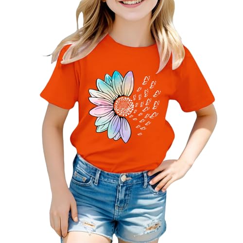 Girls Loose Fit Sunflower Graphic T Shirts Short Sleeve Crewneck Cute Pattern Printed Tops Kids (A-Orange, 8-9 Years)3