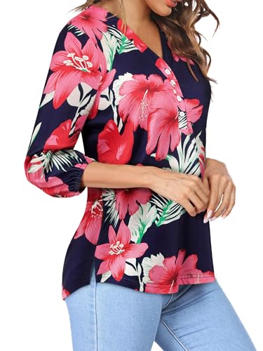 Womens 3/4 Sleeve Hawaiian Shirts V Neck Summer Floral Printed Shirt Casual Buttons Down Soft Tunic Tops2