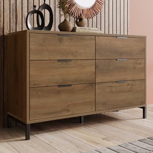 KOMHTOM Commode 6 Tiroirs Meubles de Rangement Buffet Commode Chambre avec Poignée Noire, Style Industriel (Chêne foncé-B)