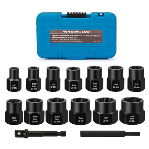 Mayouko 14PCS Twist Impact Socket Set, Stripped Lug Nut Remover, Easy Out Bolt Extractor Set for Damaged, Frozen, Studs, Rusted, Rounded-Off Bolts & Nuts Screws