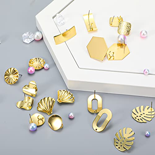 Hicarer 36 Pcs/ 18 Pairs Gold Plated Earring Studs for Jewelry Making Earring Posts with Loop Hole Ear Studs Kit Palm Leaf Shaped Flower Shell Ear Pad Base Posts Heart Hollow Rectangle Hexagon Shapes