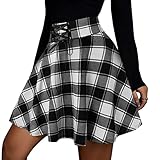 Minetom Damen Beiläufig Kariert A Linie Mini Rock Basic Uniform Skater Faltenrock Gothic Kleid Hohe Taille Cosplay Schnürrock Skater Tennis Plaid Minirock B Schwarz M