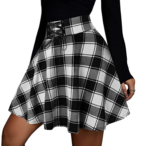 Minetom Femme Mini Jupe Carreaux Évasé Plissé Plaid Court A-Line Jupe Courte Gothique Taille Haute Tennis Uniformes Ecolières Jupe À Lacets B Noir L