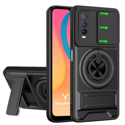 Image of AESTMO Vivo Y12s / Y20 / Y20i Back Cover | Armor Camera Slider 360 Degree Rotating Finger Ring Holder Case with Bracket Stand Back Case Cover (Compatible with MagSafe Accessories) (Black)