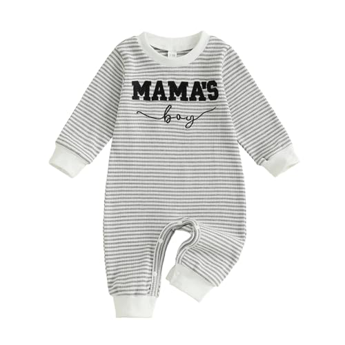 Image of FOCUSNORM Newborn Baby Boy Fall Outfit Mamas Boy Embroidery Jumpsuit Long Sleeve Crewneck Romper Infant Boy Winter Clothes